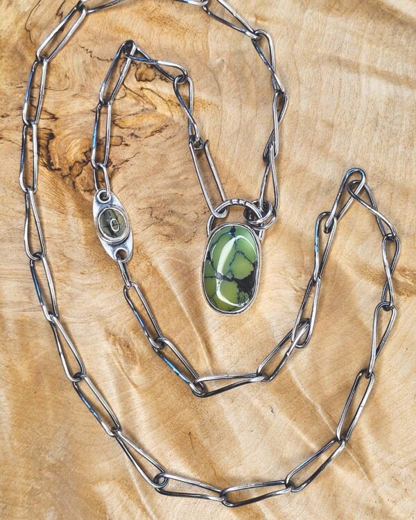 GreenTurquoiseNecklace-opt Green Turquoise Pendant and Sterling Silver Handmade Chain with Rutilated Prehenite Accent