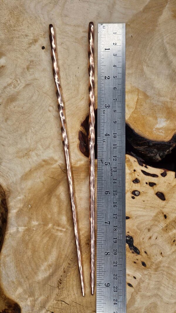 RusticChopsticks-opt The Twisted Copper Chopsticks on a wood background with a ruler beside them